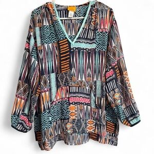 Ruby Rd. Colorful Geometric V-Neck Sheer Hoodie Swim Coverup